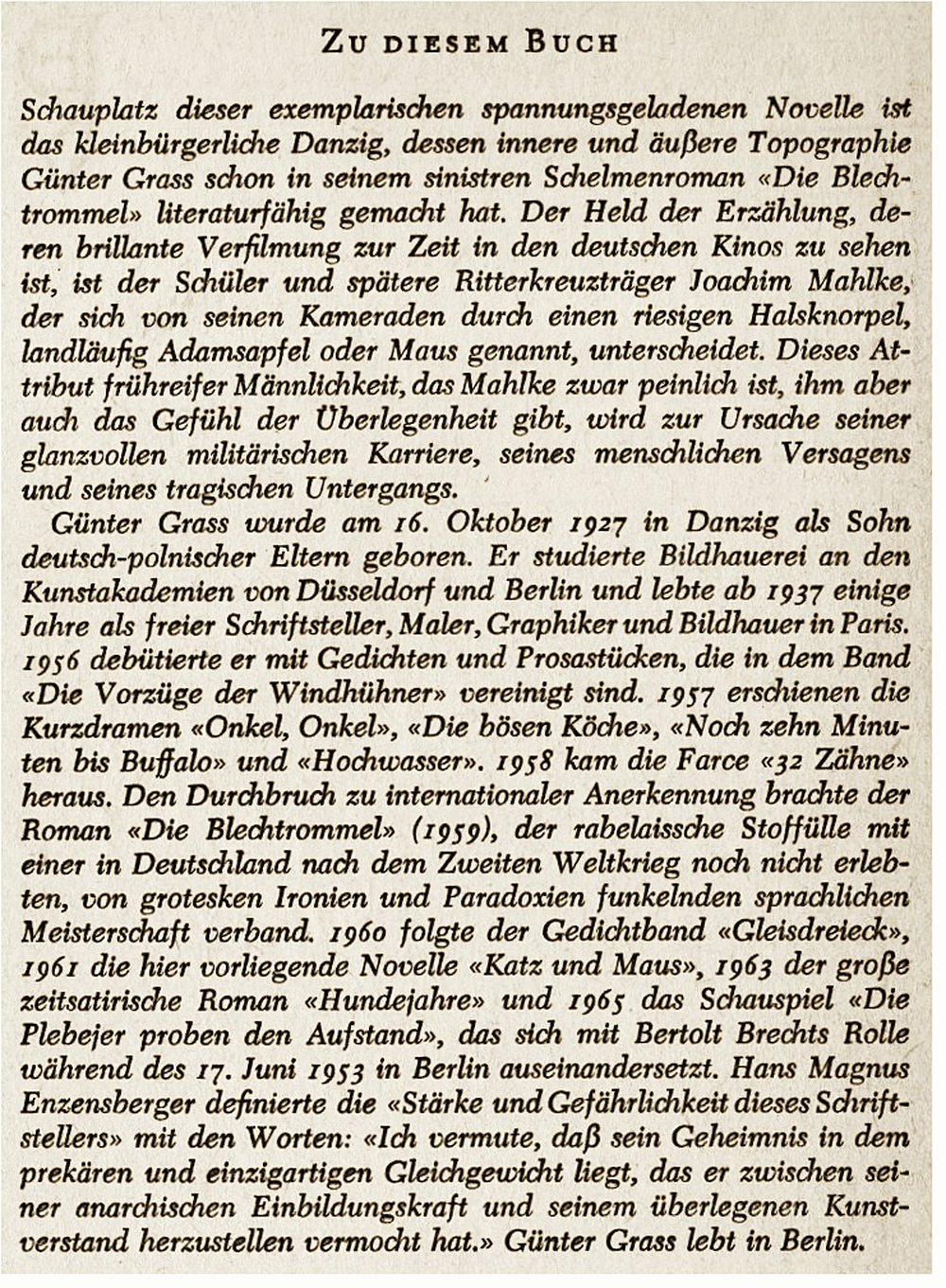 Günter Grass Roman : Katz und Maus