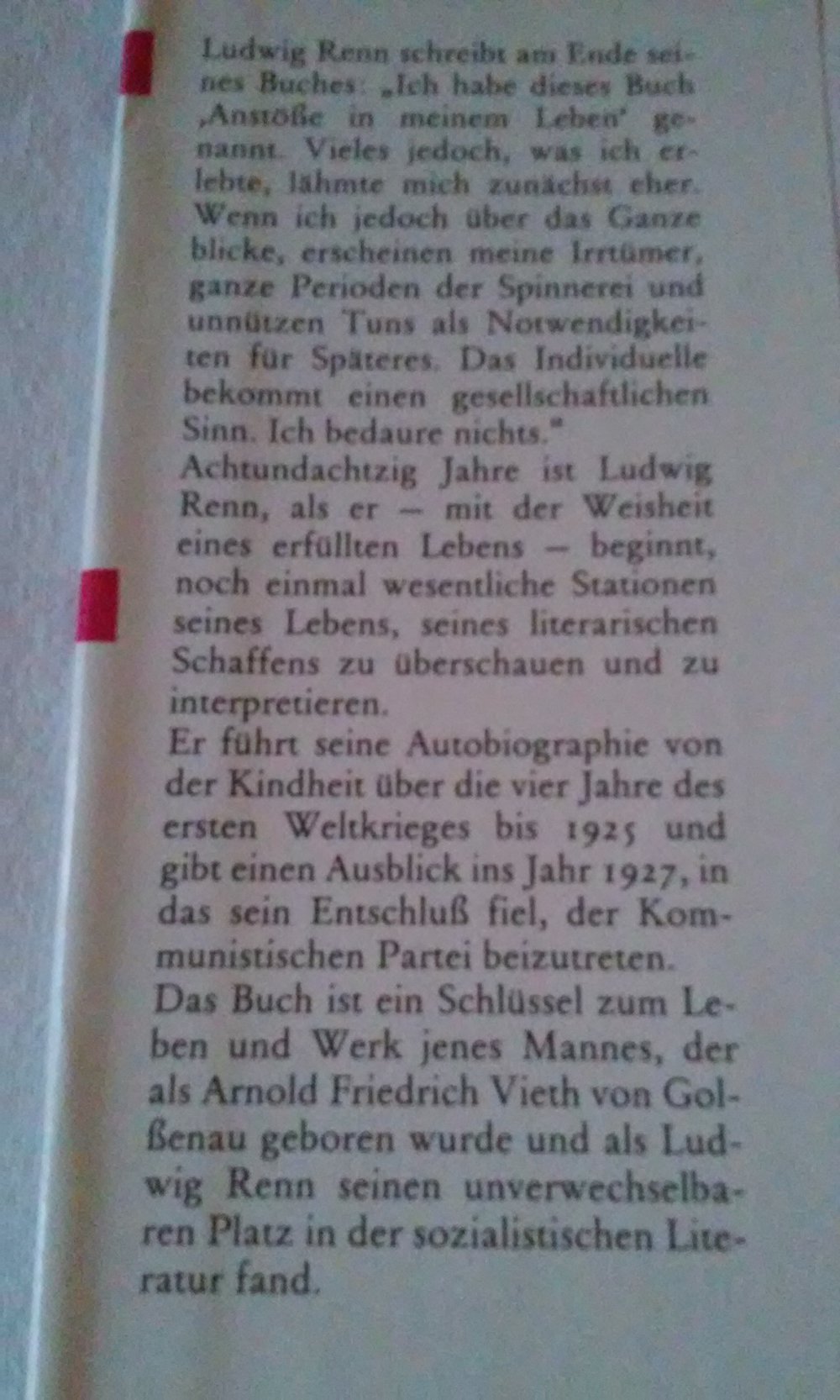 Ludwig Renn: Anstöße in meinem Leben  Roman im Leineneinband
