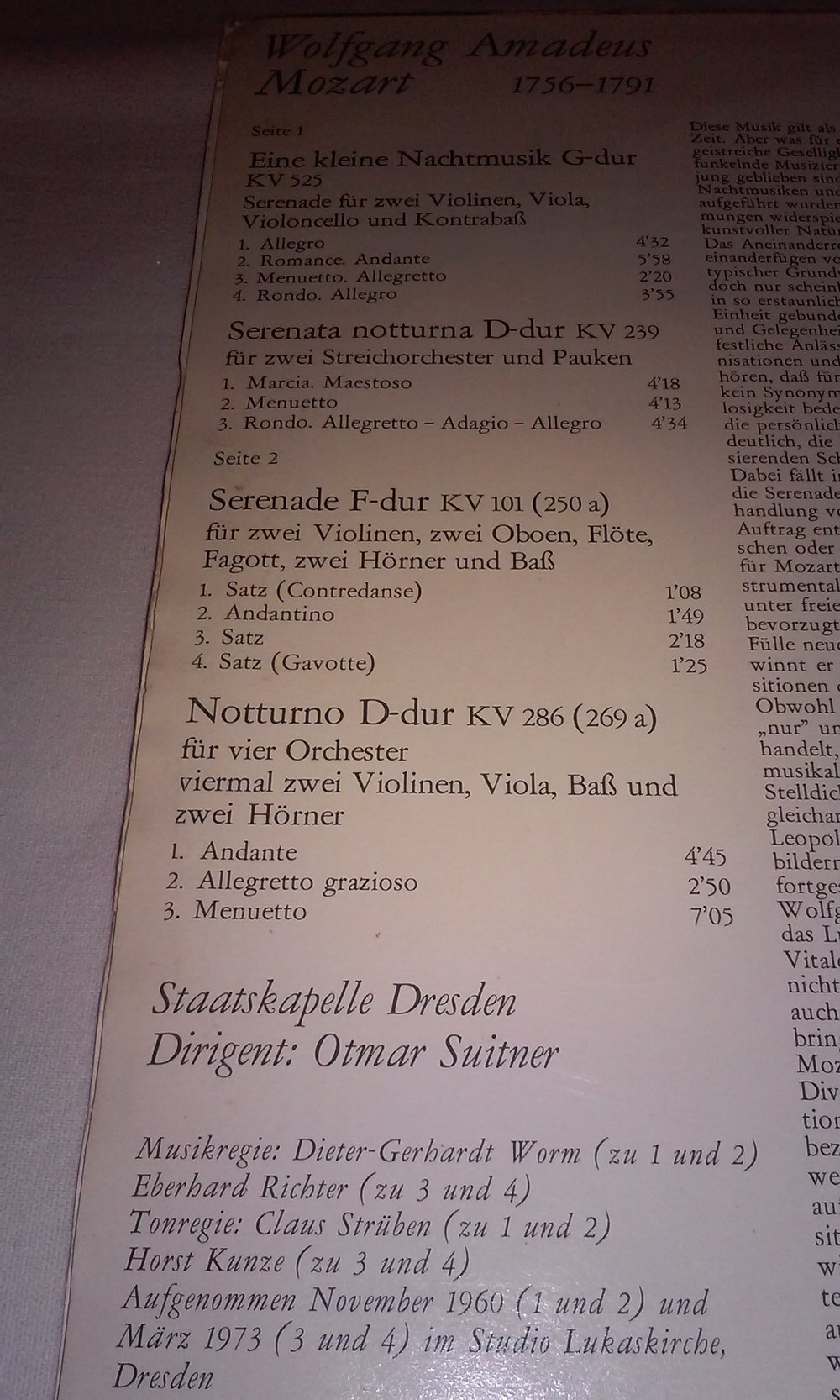 Wolfgang Amadeus Mozart - Staatskapelle Dresden Eine kleine Nachtmusik  vinyl/LP/Schallplatte