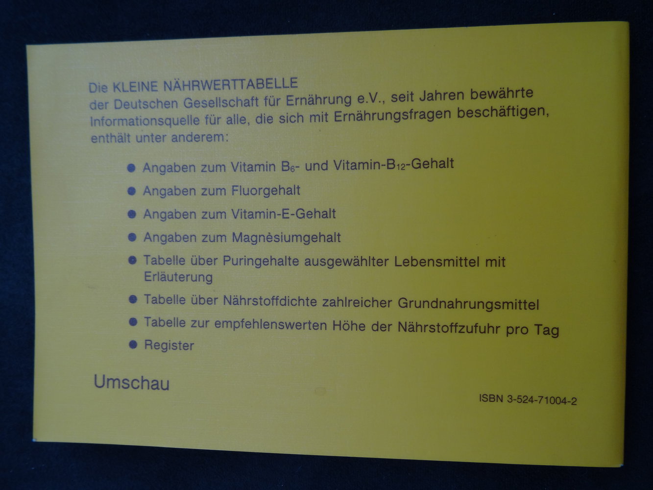 Kleine Nährwert Tabelle