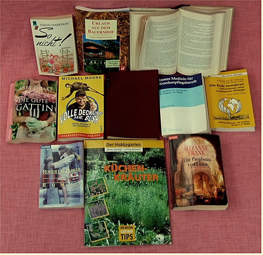 Bücherpaket mit 11 verbogenen, krummen Büchern - Die Prophetin von Luxor - Die Erde bewahren - Ein Fremder im Spiegel - Die gute Gattin