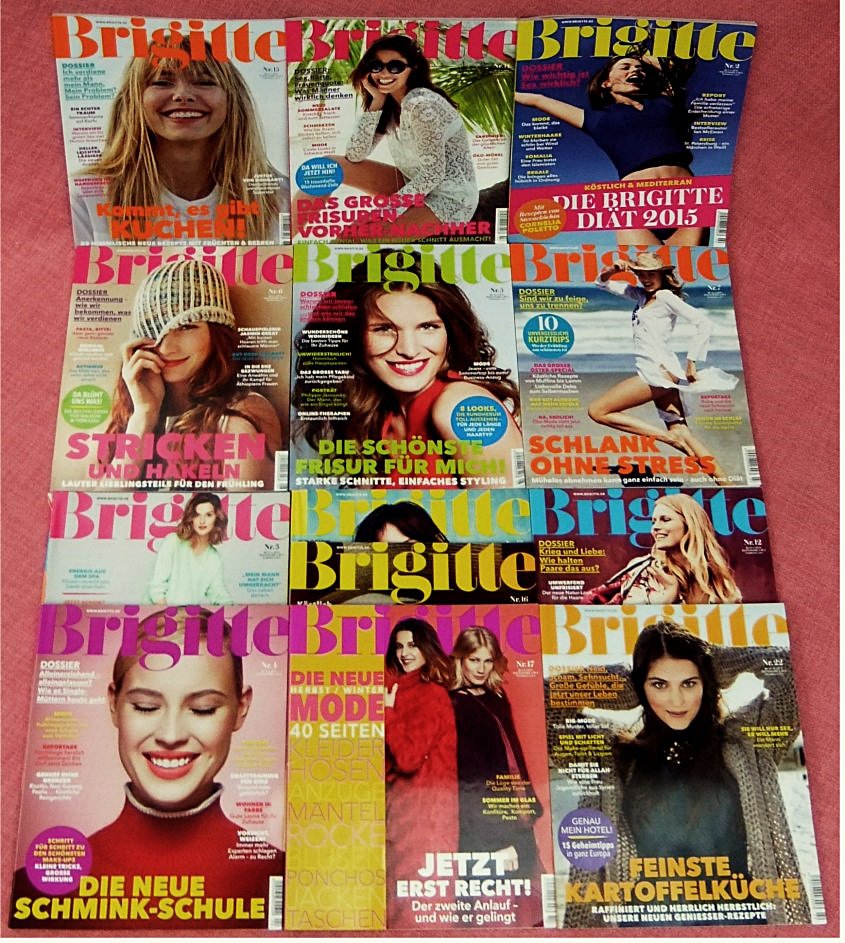 über 4,8 Kilo Brigitte-Zeitschriften - 13 Stck. von 2015 - Gut 2200 Seiten mit Mode - Porträts - Kultur - Wohnen usw.