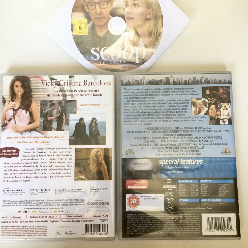 3 DVDs Set Woody Allen Scarlett Johansson Scoop - Der Knüller, Vicky Christina Barcelona, Alles, was Sie schon immer über Sex wissen wollten