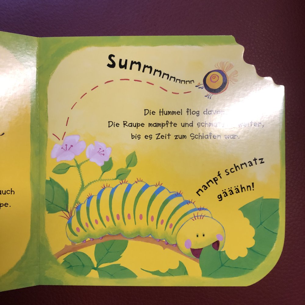 Pappbuch mampfende, schmatzende Raupe 
