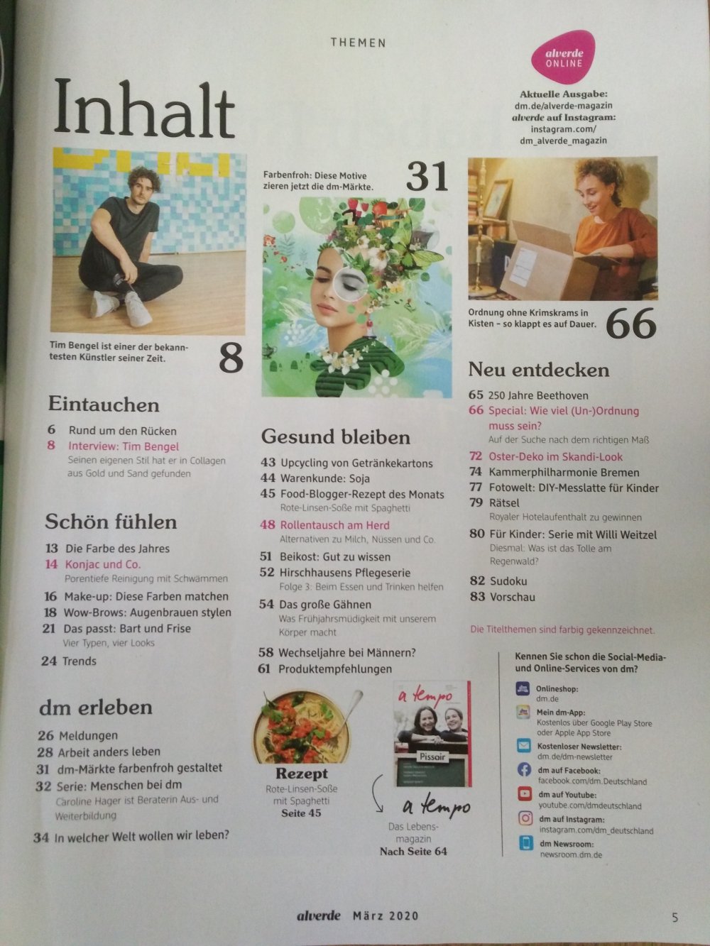 Zeitschrift alverde + a tempo vom März 2020 mit Schwerpunktthema Ordnung