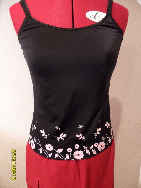 schwarzes Trägertop von Kenvelo, glanz mit Blumenmuster, Gr. M - L, Blumenprint