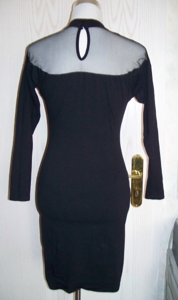 VINTAGE// Kurzes schwarzes 80er-Kleid mit Mesh/ Netz & leichten Fledermausärmeln