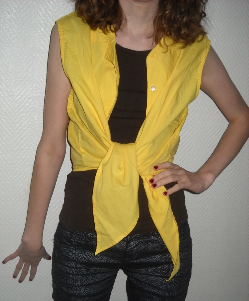 Colour Blocking Hemd Bluse Knoten Tunika Wickelbluse Bindeband gelb ärmellos 34 36 38 XS S M 