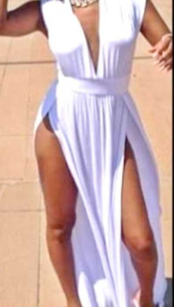 Sexy Blogger Maxi Kleid mit Schlitzen und V Ausschnitt weiß