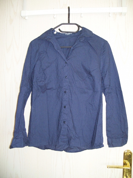 VINTAGE// Dunkelblaue Baumwollbluse mit weißen Punkten