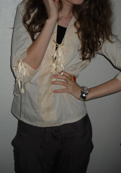 Vintage Shirt Top Tunika Romantik creme weiß Spitze Rüsschen Bluse Oversized XS S M 34 36 38