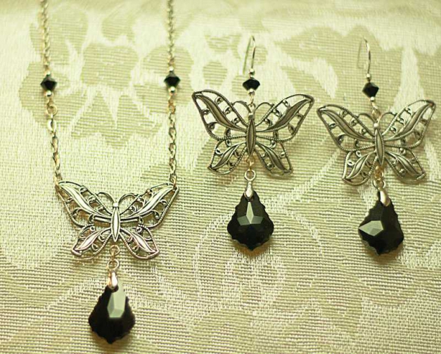 Set Schmuck Schmetterlinge schwarz silber Swarovski