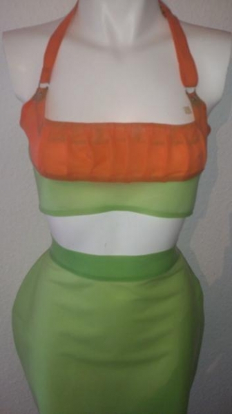 Latex Top und Rock orange grün Fetisch Kitsch