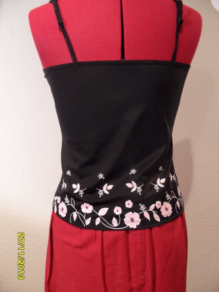 schwarzes Trägertop von Kenvelo, glanz mit Blumenmuster, Gr. M - L, Blumenprint