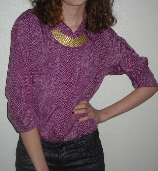 Bluse Tunika Schlange Snake Snakeskin lila weiß Reptil 3/4 Arm Vintage 34 36 38 XS S M Oversized