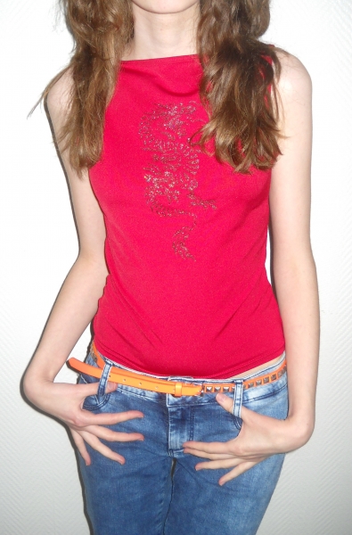 Sexy Trägertop Drache Longtop Party Shirt rot silber Top 34 36 38 XS S M Edel Blogger Vintage