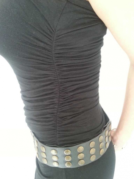 Schwarzer schulterfreier Jumpsuit/Overall mit seitlicher Raffung und 3/4 Haremshose Gr. 34/XS