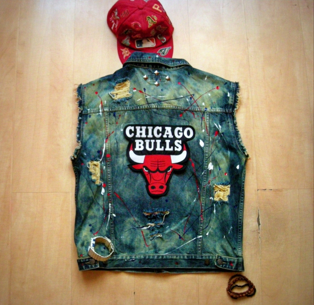 Jeansweste Chicago Bulls Custom jeans weste Swag ASAP blog Ombre Dope Nieten L