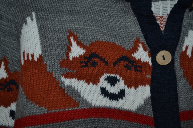 Strickjacke Fuchsmuster Caro blau grau rost rot