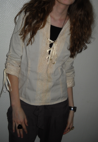 Vintage Shirt Top Tunika Romantik creme weiß Spitze Rüsschen Bluse Oversized XS S M 34 36 38