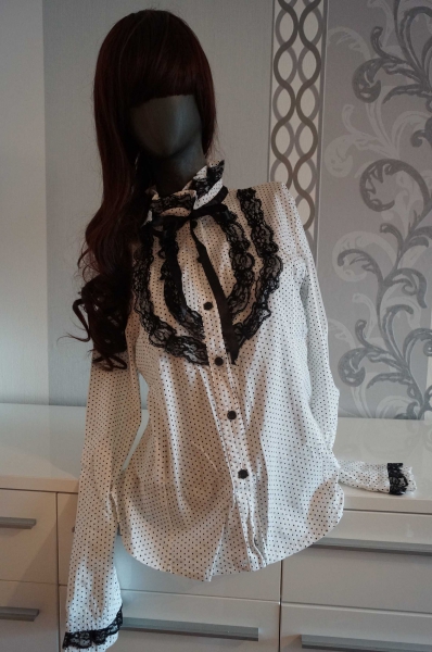 Viktoriansche Bluse mir Schleife Rüschen Polka Dots weiß schwarz L 40