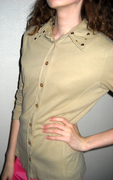 Nieten Studs Kragen Bluse Cardigan Jacke Esprit beige Langarm Baumwolle 34 36 38 XS S M