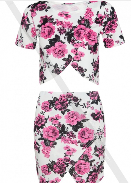 Sexy Zweiteiler Bauchfrei Asymmetrisch BlumenTop & Rock Sommerkleid Strandkleid XS-L