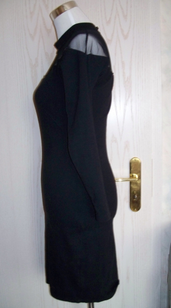 VINTAGE// Kurzes schwarzes 80er-Kleid mit Mesh/ Netz & leichten Fledermausärmeln