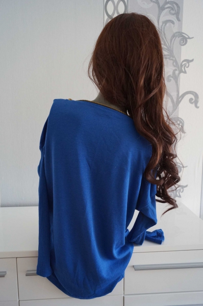 Bluse Blau mit Reißverschluss vorne glatt hinten strick L XL 40 42