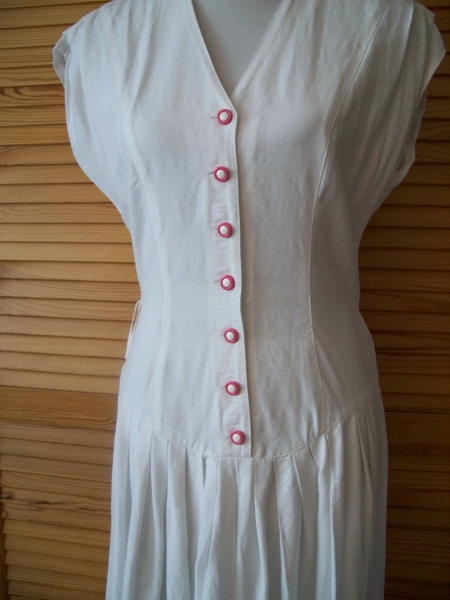 VINTAGE// Wadenlanges weißes 80er-Sommerkleid mit Flügelärmeln und pinkem Gürtel von *Fashion Style* Gr. 36/ 38