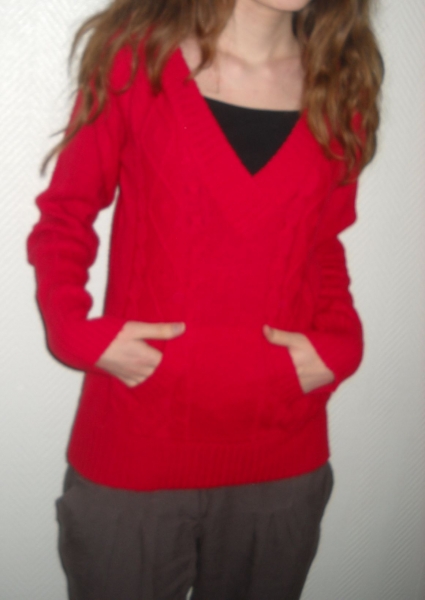 Only Pullover Pulli Vintage rot V-Ausschnitt 34 S 36 38 40 M L Oversized Zopfmuster Granny
