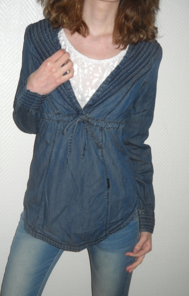 ONLY Jeanshemd Tunika Bluse blau jeansblau dunkel Langarm Biesen 34 36 XS S M