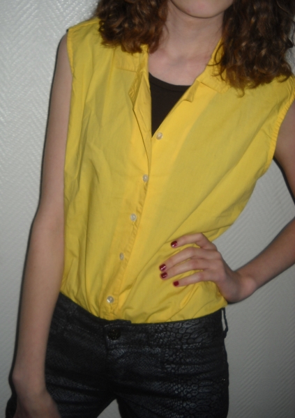 Colour Blocking Hemd Bluse Knoten Tunika Wickelbluse Bindeband gelb ärmellos 34 36 38 XS S M 