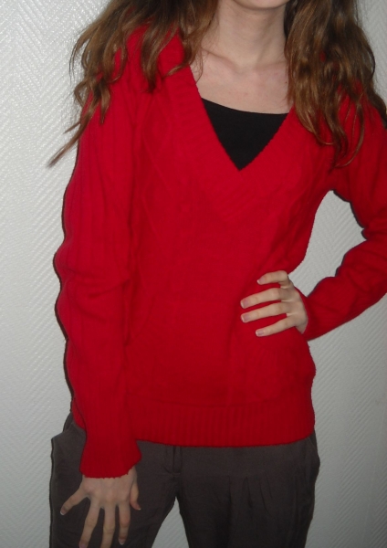 Only Pullover Pulli Vintage rot V-Ausschnitt 34 S 36 38 40 M L Oversized Zopfmuster Granny