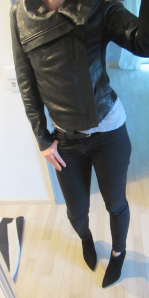 Mango Bikerjacke Leder Wasserfall kragen schwarz S 36