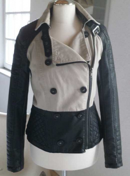 Zara 34 Stepp Bikerjacke Stoff Leder schwarz beige