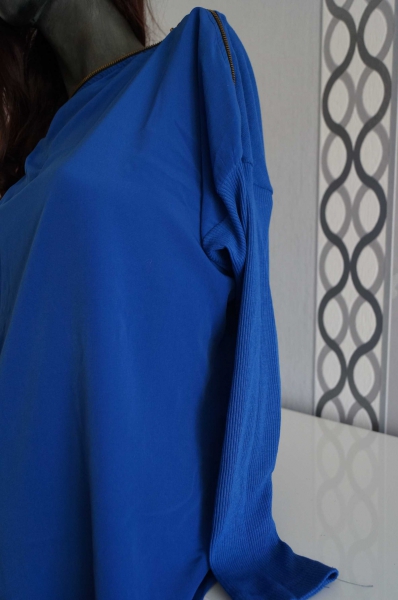 Bluse Blau mit Reißverschluss vorne glatt hinten strick L XL 40 42