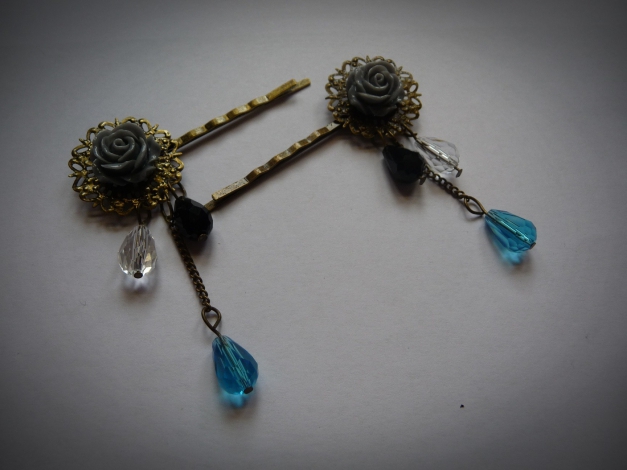 Haarspangen bronze blau Rosen grau Lolita Perlen Paar