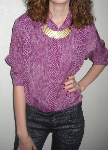 Bluse Tunika Schlange Snake Snakeskin lila weiß Reptil 3/4 Arm Vintage 34 36 38 XS S M Oversized