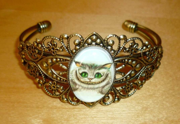 Armspange Grinsekatze Alice Wunderland Armreif vintage bronze grün