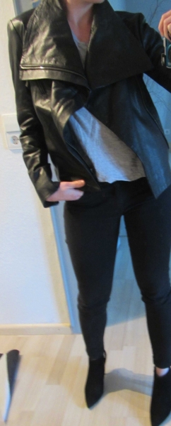 Mango Bikerjacke Leder Wasserfall kragen schwarz S 36