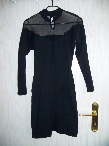 VINTAGE// Kurzes schwarzes 80er-Kleid mit Mesh/ Netz & leichten Fledermausärmeln