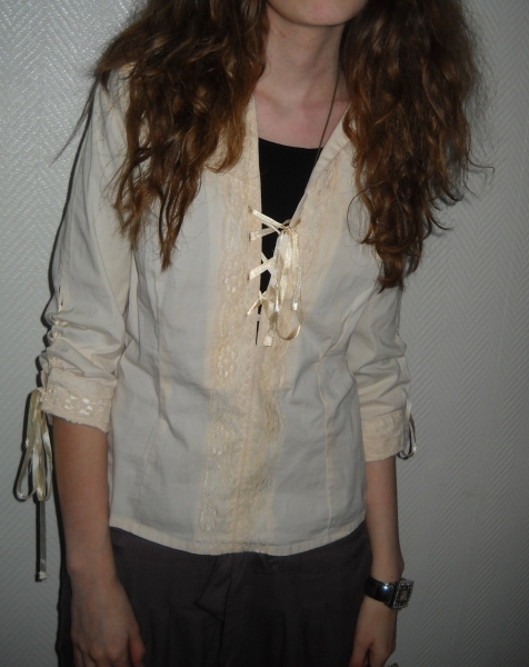 Vintage Shirt Top Tunika Romantik creme weiß Spitze Rüsschen Bluse Oversized XS S M 34 36 38