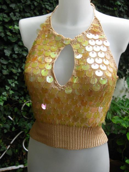 extravagantes Neckholder Top mit großen transparenten Pailletten Boho Blogger Party Ibiza