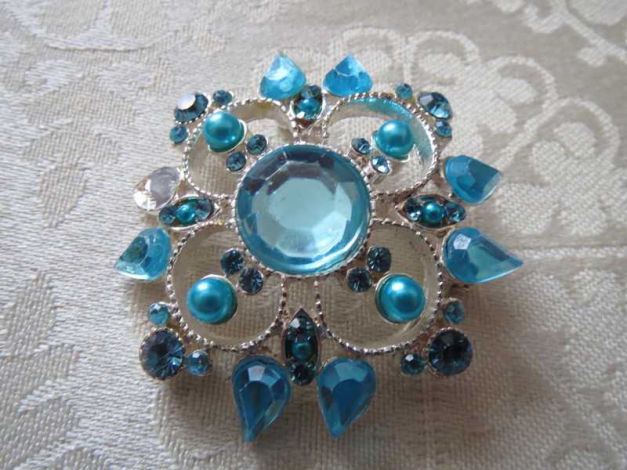 Brosche , Modeschmuck, Blumenform, türkis-silber