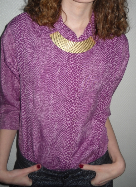 Bluse Tunika Schlange Snake Snakeskin lila weiß Reptil 3/4 Arm Vintage 34 36 38 XS S M Oversized