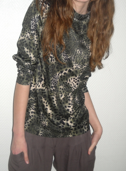 Sexy Leopard Pullover Pulli Leo Rolli Shirt Top creme grün XS S M 36 38 Oversized Vintage Tiger