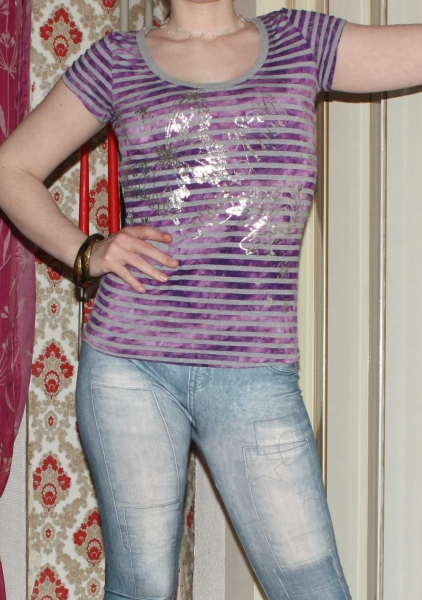 T-Shirt lila, grau gestreift, Streifem, Gr. XS, auch passend bei S, Muster