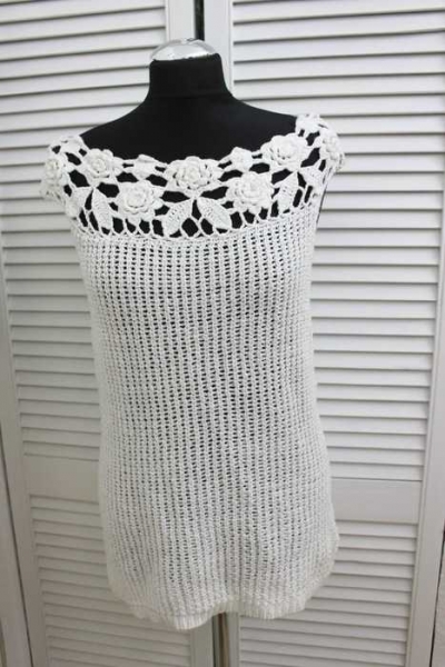 vintage Häkelkleid Boho Strickkleid Tunika Longshirt Weiß Kleidchen mit Rosen XS S 32 34