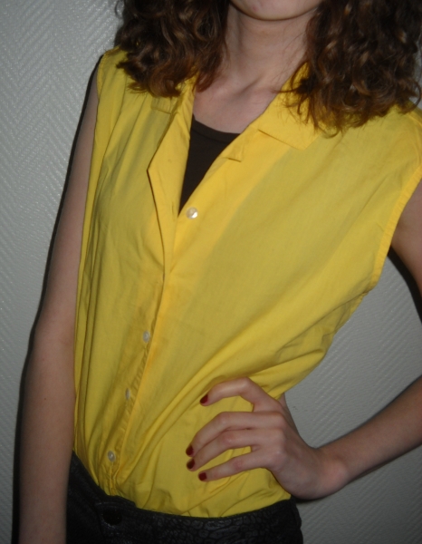 Colour Blocking Hemd Bluse Knoten Tunika Wickelbluse Bindeband gelb ärmellos 34 36 38 XS S M 